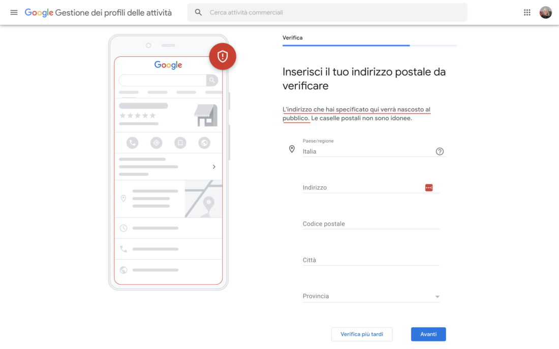 Screen Google Business Profile Inserisci il tuo indirizzo postale