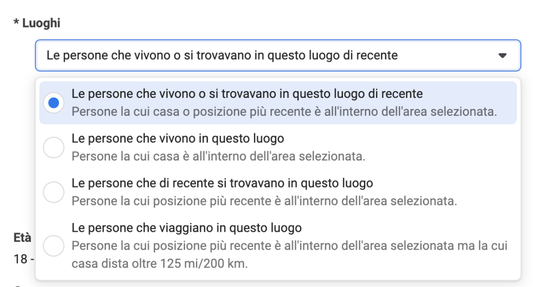 Screenshot da Gestione Inserzioni: scelta del Pubblico e del Luogo