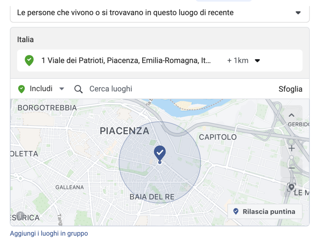 Screenshot da Gestione Inserzioni: scelta dell’indirizzo