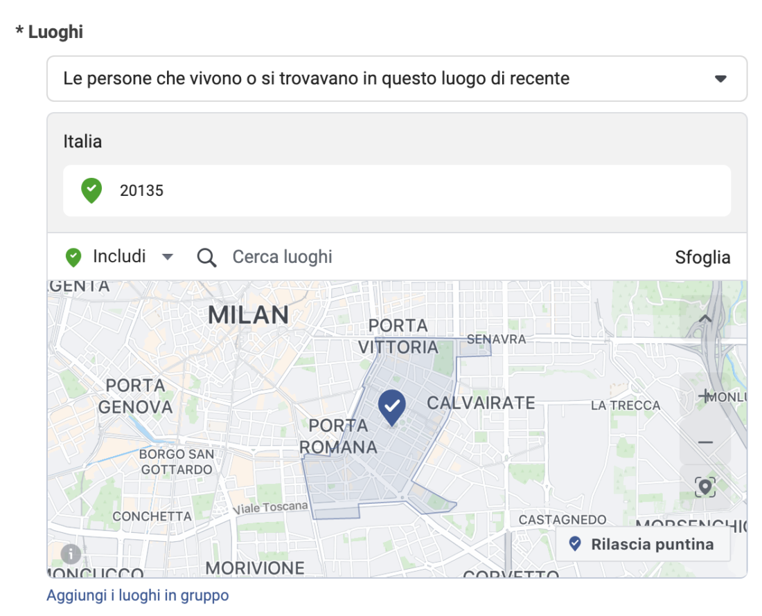 Screenshot da Gestione Inserzioni: scelta del CAP.